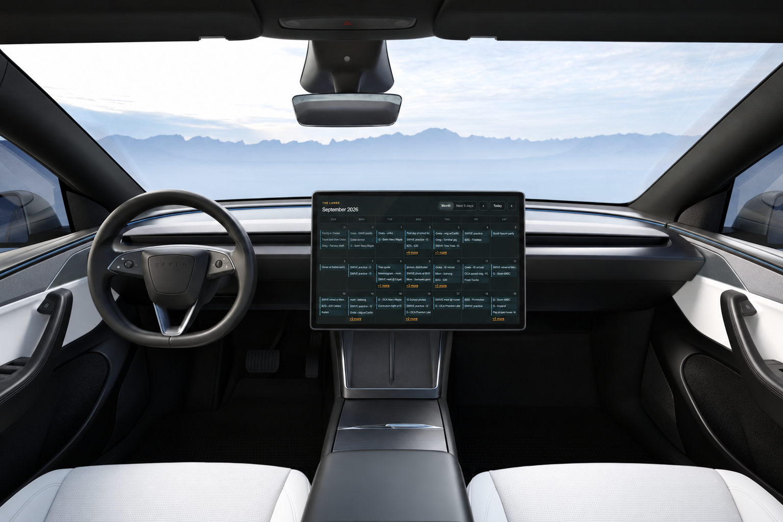 A read-only DriveDash calendar displayed on a Tesla center screen