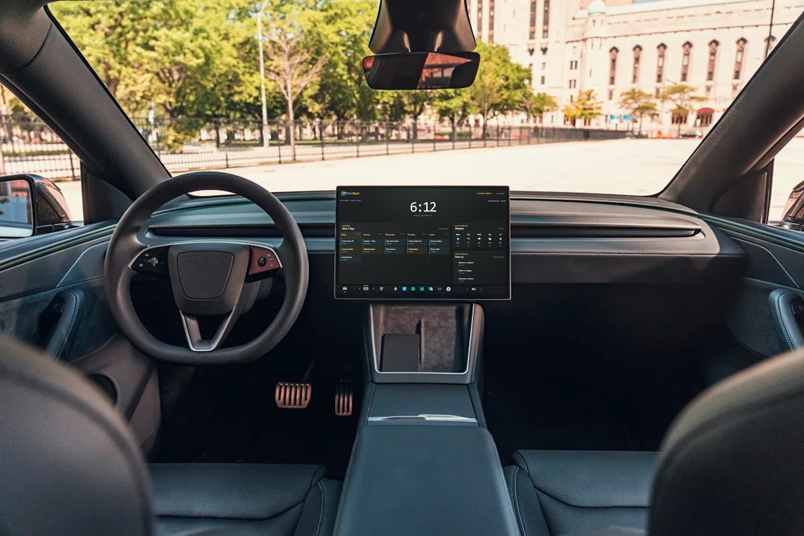 An everyday DriveDash overview shown on the center screen of a Tesla interior