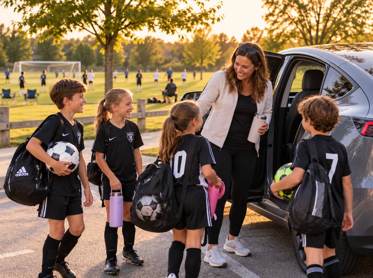 A parent meeting young soccer players beside a Tesla after practice