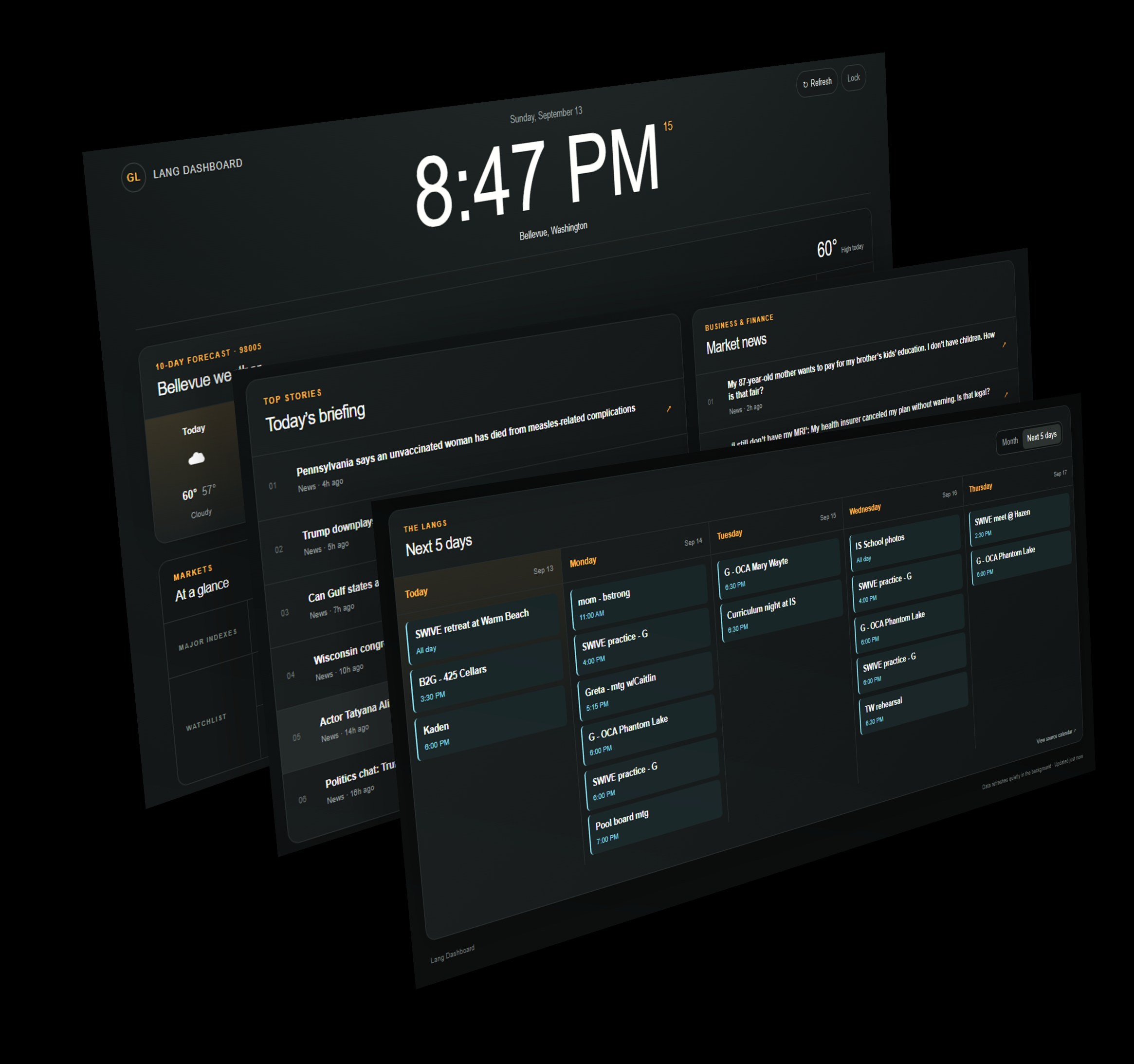 Three overlapping DriveDash views showing weather, news, markets, and a family calendar